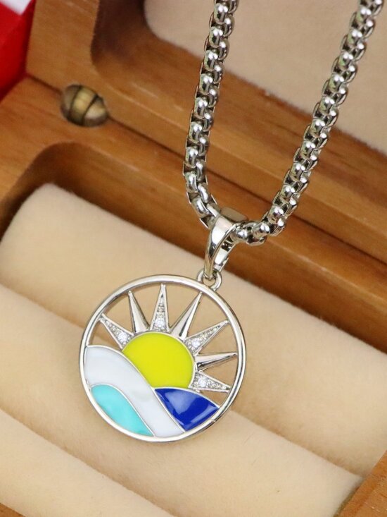 Jewelry - Round Silver Pendant with Colorful Sun and Wave Enamel Design, XPPT1867